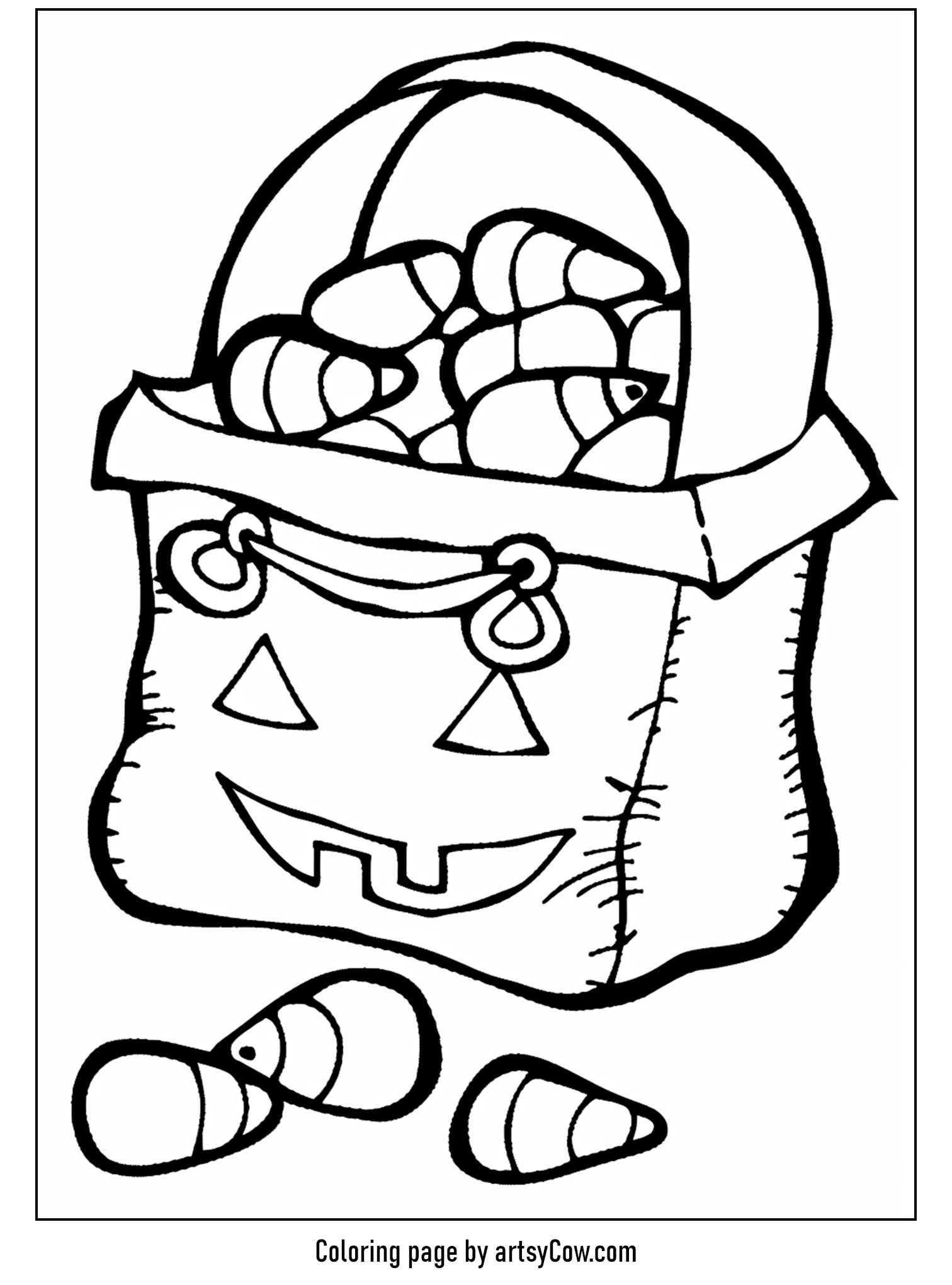a candy corn and a smiling trick or treat bag
